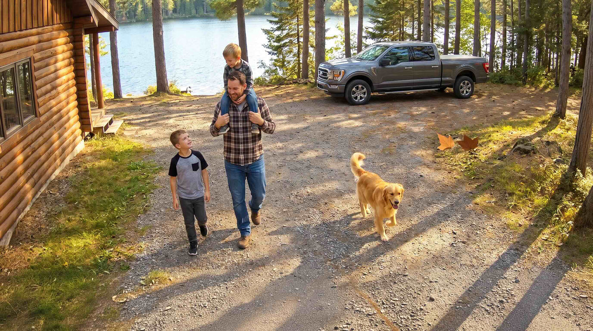 A family, a pickup truck and a dog tagged by P2 AI outside a lakeside cabin, with falling leaves ignored