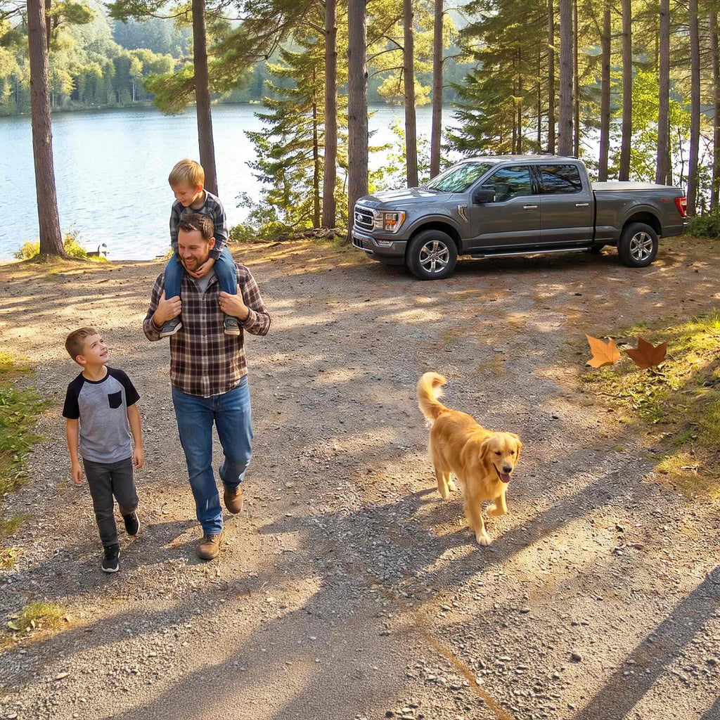 A family, a pickup truck and a dog tagged by P2 AI outside a lakeside cabin, with falling leaves ignored