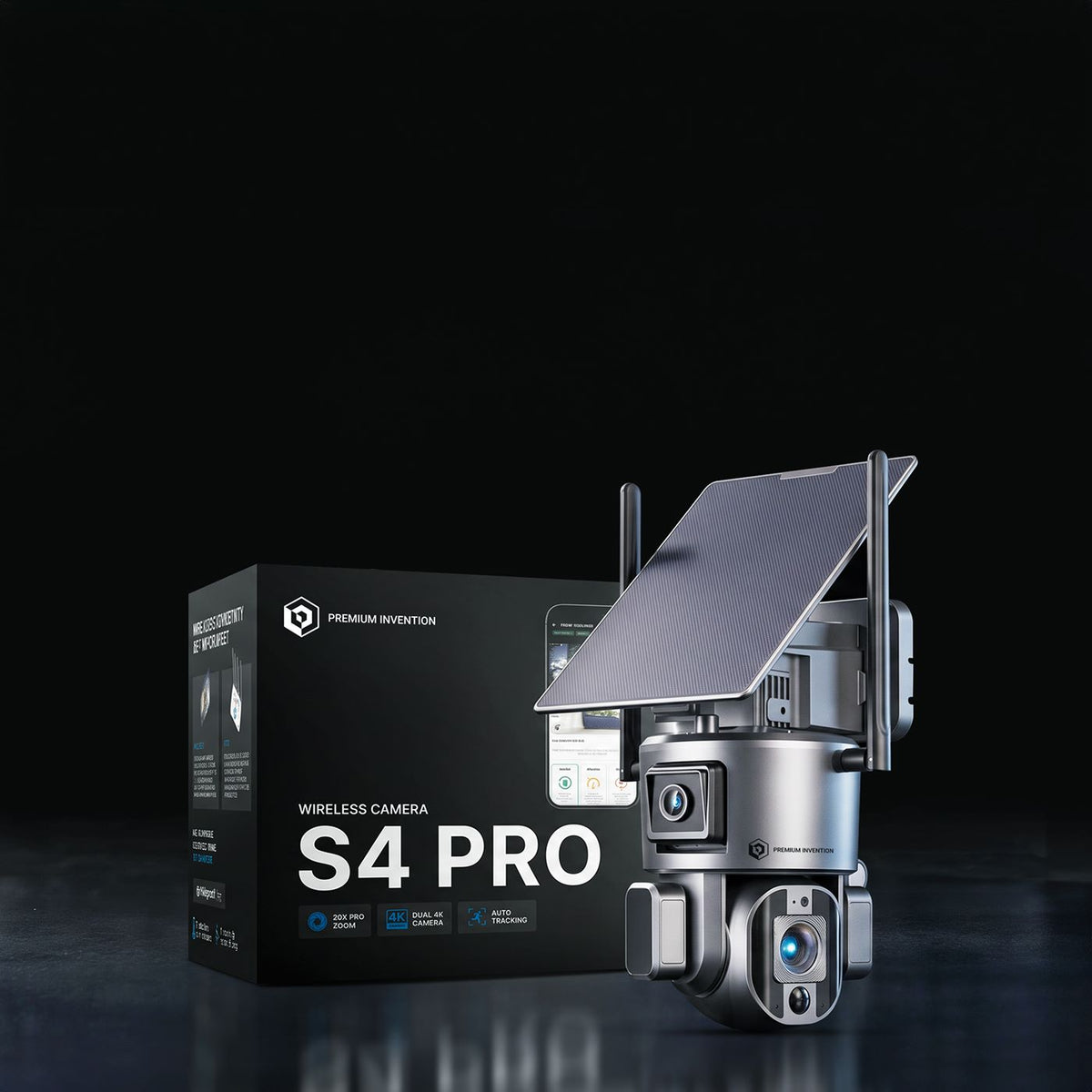 S4 Pro dual-lens solar camera and its box